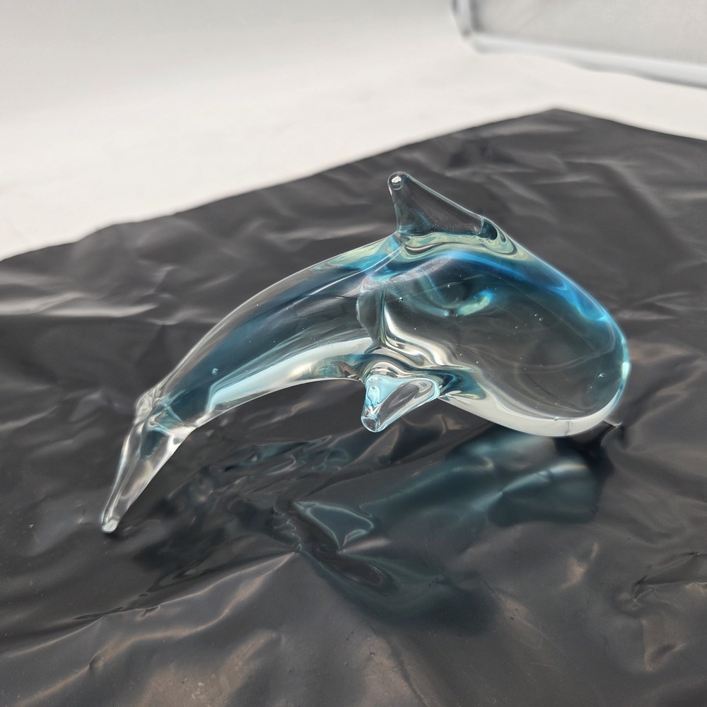 Vintage Dolphin Hand Blown Glass Paperweight Figurine Sculpture Clear Blue 5"